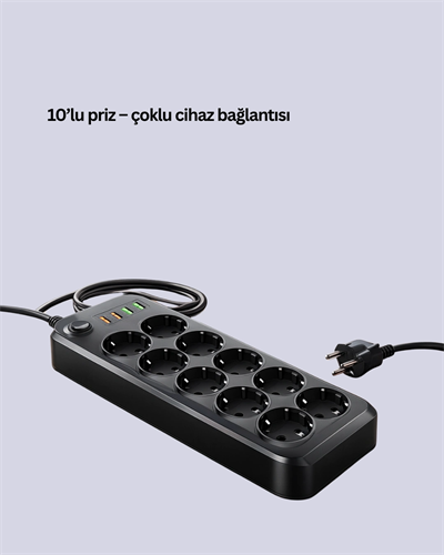 10 Prizli Uzatma Kablosu Termal Koruma USB Type-C Hızlı Şarj 2500W