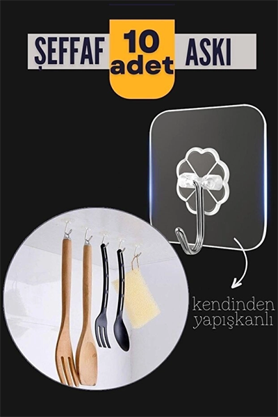 10'lu Şeffaf Kendinden Yapışkanlı Güçlü Askı Kancası, Banyo Mutfak Organizer, İz Bırakmaz Pratik Askı