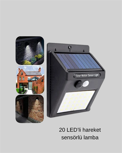 20 LED Güneş Paneli Aydınlatma – Fotoselli ve Hareket Algılamalı Dış Mekan Duvar Lambası