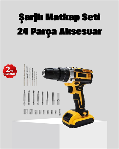 24 Parça Çift Bataryalı Akülü Darbeli Matkap – Güçlü Motor, Metal Dişli, LED Işıklı