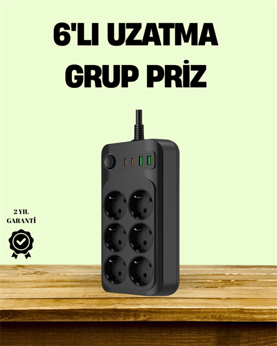 2500W Güçlü 6’lı Priz USB ve Type-C Çıkışlı Termal Korumalı