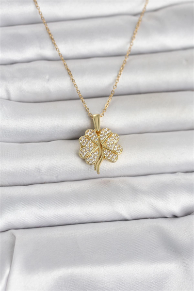 316L Çelik Gold Renk Açılabilir Yonca Model Zirkon Taşlı Kadın Kolye