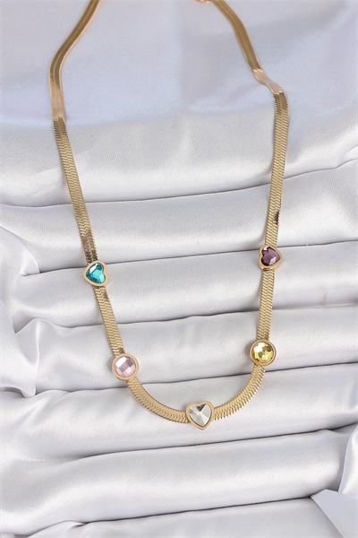 316L Çelik Gold Renk İtalyan Zincir Renkli Zirkon Taşlı Kalp Figür Kadın Kolye