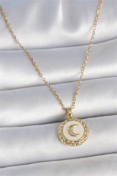 316L Çelik Gold Renk Zincir Beyaz Mineli Hilal İşlemeli Madalyon Model Kadın Kolye