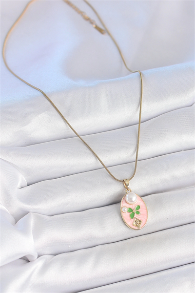 316L Çelik Gold Renk Zincir Pembe Mineli Oval İncili Çiçek İşlemeli Portre Model Kadın Kolye