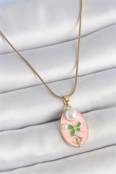 316L Çelik Gold Renk Zincir Pembe Mineli Oval İncili Çiçek İşlemeli Portre Model Kadın Kolye