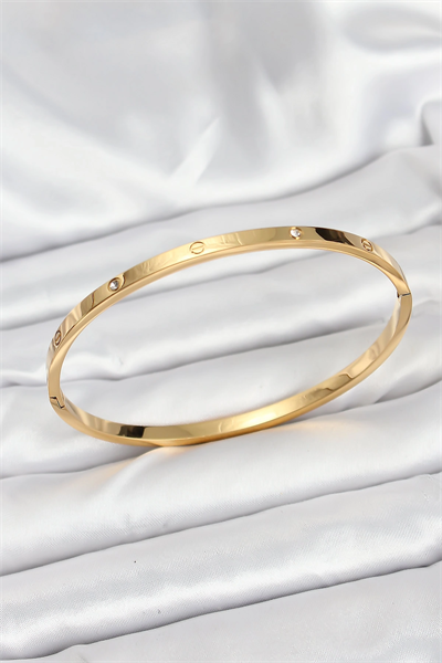 316L Çelik Gold Renk Zirkon Taşlı 65 mm İnce Kadın Kelepçe Bileklik