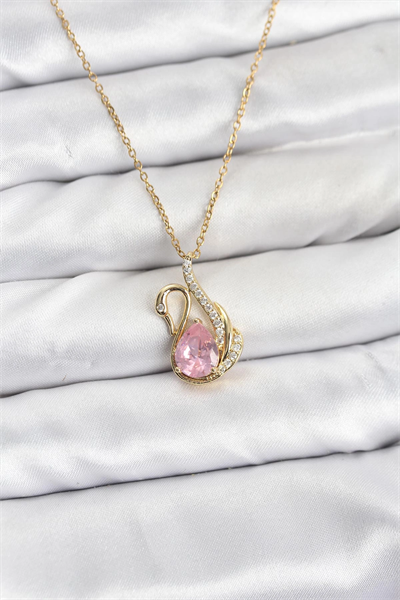316L Çelik Zincir Gold Renk Pembe Kuğu Model Zirkon Taşlı Kadın Kolye