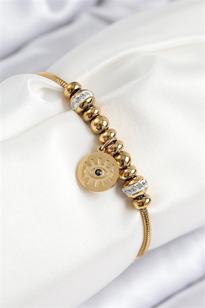 316L Çelik Zirkon Taşlı Göz Charm Model Gold Renk Kadın Bileklik