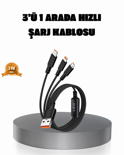 3’ü 1 Arada Şarj Kablosu Type-C iOS Android Uyumlu Hızlı ve Güvenli Şarj