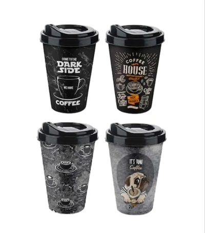 4 Adet Kahve Bardağı - Kapaklı Desenli 400ML