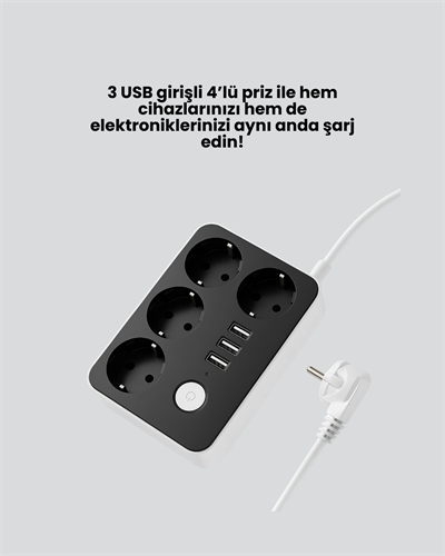 4.1A Hızlı Şarjlı Akım Korumalı 4 Priz ve 3 USB Çıkışlı Priz