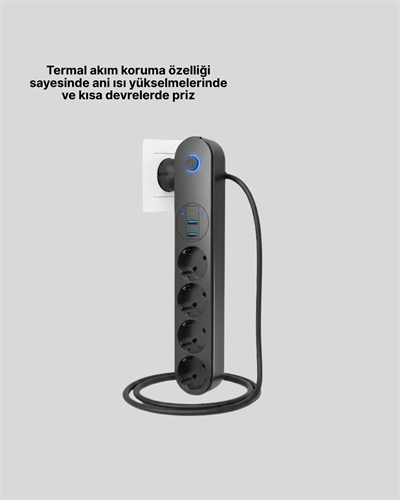 4’lü Çoklu Priz 2 USB Type-C Girişli Akım Korumalı Siyah