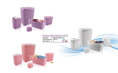 5 Parça Örgü Desenli Plastik Banyo Seti Çamaşır Sepeti Deterjanlık Çöp Kovası Klozet Fırçası - Gri