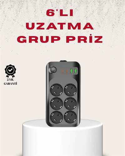 6’lı Grup Priz Termal Korumalı USB Type-C Çoklu Priz 2 Metre Kablo