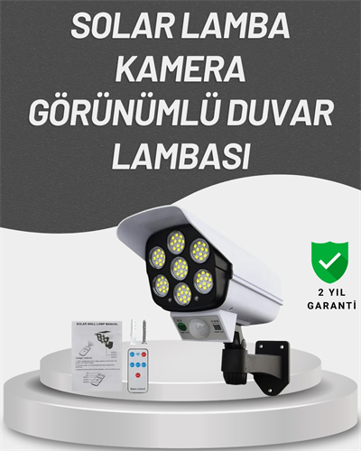 77 LEDli Güneş Enerjili Güvenlik Lambası ve Kukla Kamera – Hareket Sensörlü, 2400mAh Pilli