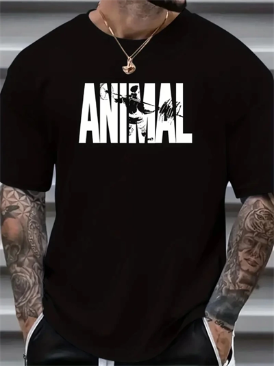 ANIMAL Desen Baskı Erkek Oversive Tişört, Grafik Tişört Erkek Yazlık Outdoor Kıyafetleri, Sporda Ve Günlük Giyime Uygun  - Siyah