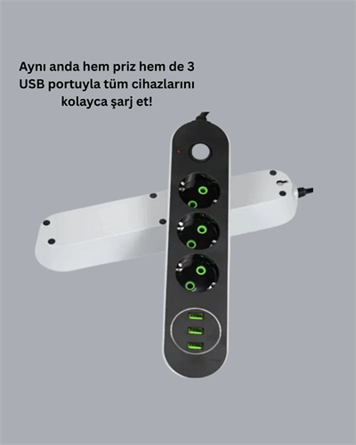 Akım Korumalı Anahtarlı USB Girişli Üçlü Priz