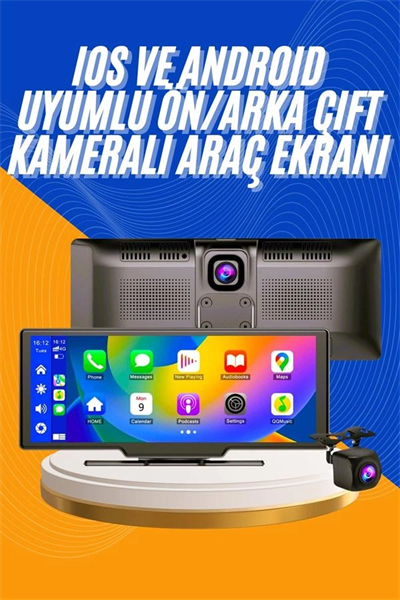 Android ve İOS Uyumlu Ön Arka Çift Kameralı Araç Ekranı Dokunmatik CarPlay