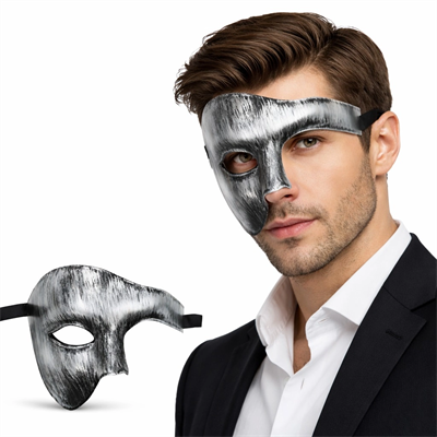 Antik Eskitme Gümüş Erkek Yarım Maske - Phantom & Balo Maskesi