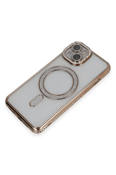 Apple iPhone 13 Kılıf Joke Simli Magneticsafe Kılıf - Gold