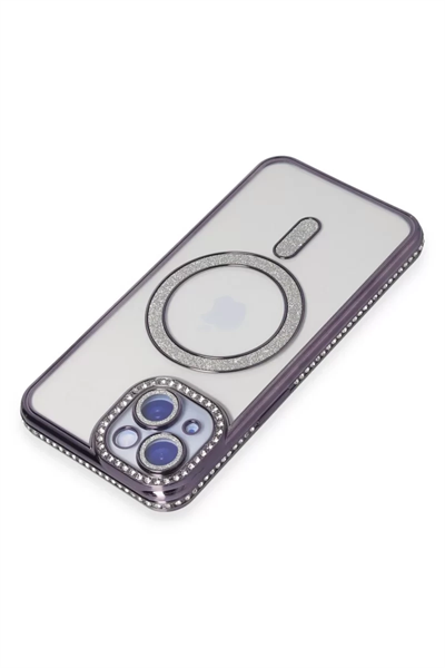 Apple iPhone 13 Kılıf Joke Simli Magneticsafe Kılıf - Derin Mor