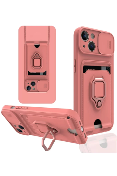 Apple iPhone 13 Kılıf Zuma Kartvizitli Yüzüklü Silikon - Pembe