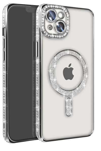 Apple iPhone 14 Kılıf Joke Simli Magneticsafe Kılıf - Gümüş
