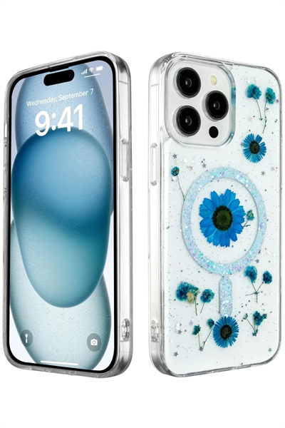 Apple iPhone 15 Pro Max Kılıf Daisy Simli Magsafe Kapak - Mavi