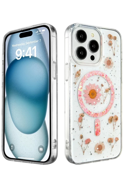 Apple iPhone 15 Pro Max Kılıf Daisy Simli Magsafe Kapak - Pembe