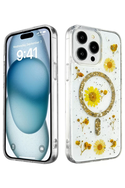 Apple iPhone 15 Pro Max Kılıf Daisy Simli Magsafe Kapak - Gold