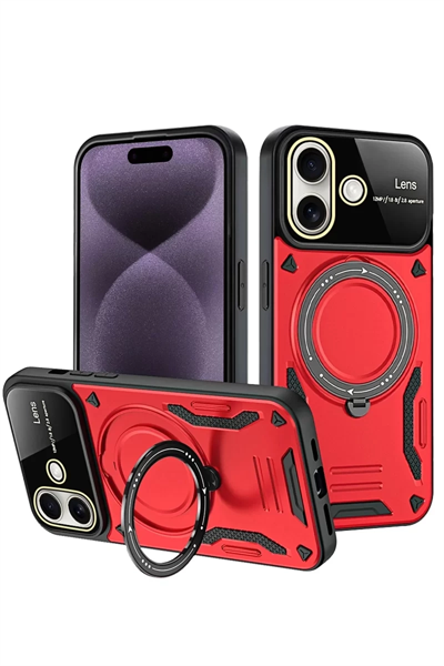 Apple iPhone 16 Kılıf Joy Lens Standlı Kapak - Kırmızı