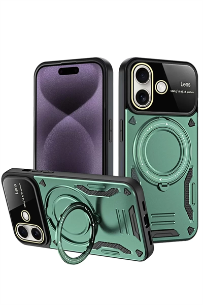 Apple iPhone 16 Kılıf Joy Lens Standlı Kapak - Koyu Yeşil