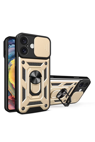 Apple iPhone 16 Kılıf Pars Lens Yüzüklü Silikon - Gold