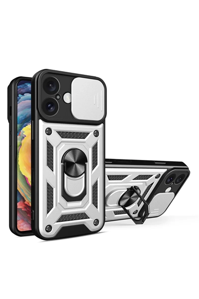 Apple iPhone 16 Kılıf Pars Lens Yüzüklü Silikon - Gümüş