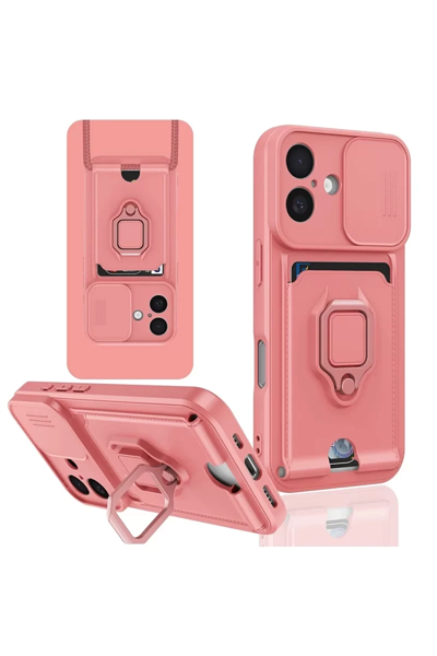 Apple iPhone 16 Kılıf Zuma Kartvizitli Yüzüklü Silikon - Pembe