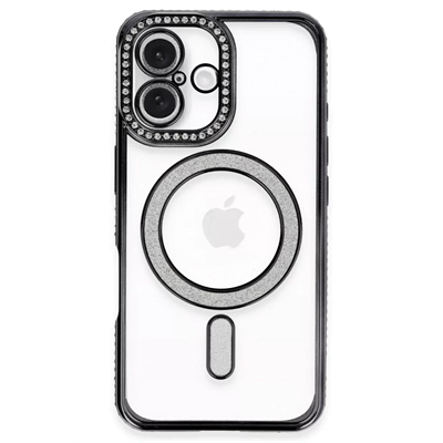 Apple iPhone 16 Plus Kılıf Joke Simli Magneticsafe Kılıf - Siyah