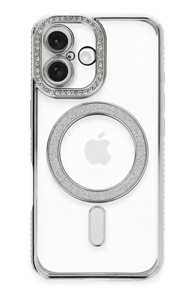 Apple iPhone 16 Plus Kılıf Joke Simli Magneticsafe Kılıf - Gümüş