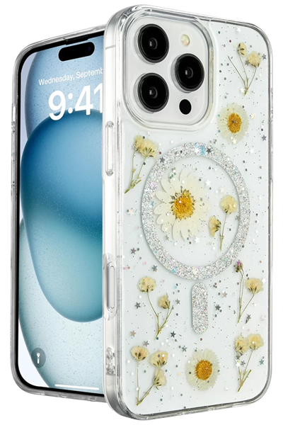 Apple iPhone 16 Pro Kılıf Daisy Simli Magsafe Kapak - Gümüş