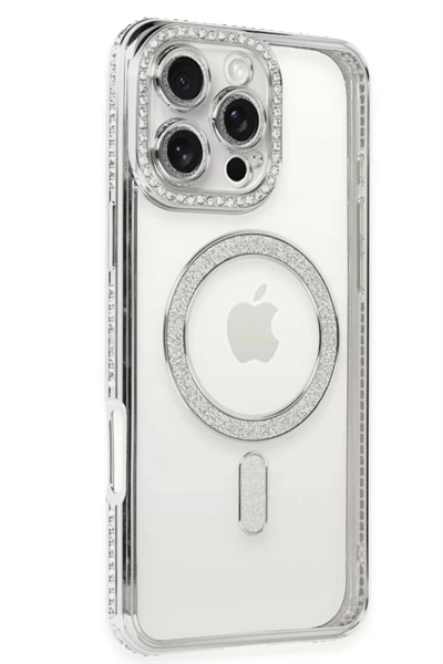 Apple iPhone 16 Pro Kılıf Joke Simli Magneticsafe Kılıf - Gümüş