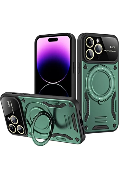 Apple iPhone 16 Pro Max Kılıf Joy Lens Standlı Kapak - Koyu Yeşil