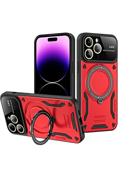 Apple iPhone 16 Pro Max Kılıf Joy Lens Standlı Kapak - Kırmızı