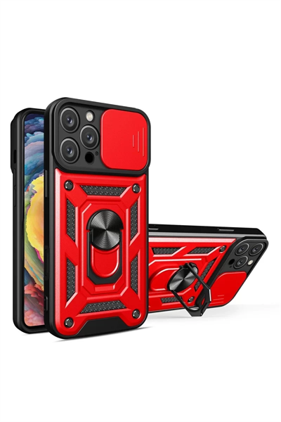 Apple iPhone 16 Pro Max Kılıf Pars Lens Yüzüklü Silikon - Kırmızı