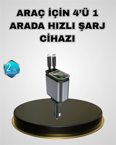 Araç Şarj Adaptörü 66W PD QC Hızlı Şarjlı ve Çekilebilir Kablolu