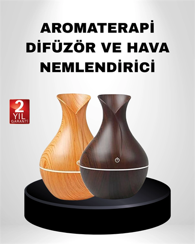 Aromaterapi Difüzör Ahşap Desenli ve Ultrasonik Nemlendirici LED Işıklı