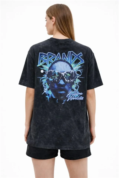 Asit Yıkamalı Oversize Tişört Future Worlds Baskılı Bisiklet Yaka Kısa Kollu Streetwear %100 Pamuk Street Style T-Shirt - Siyah