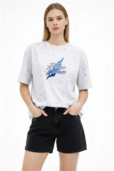 Asit Yıkamalı Oversize Tişört Future Worlds Baskılı Bisiklet Yaka Kısa Kollu Streetwear %100 Pamuk Street Style T-Shirt - Beyaz
