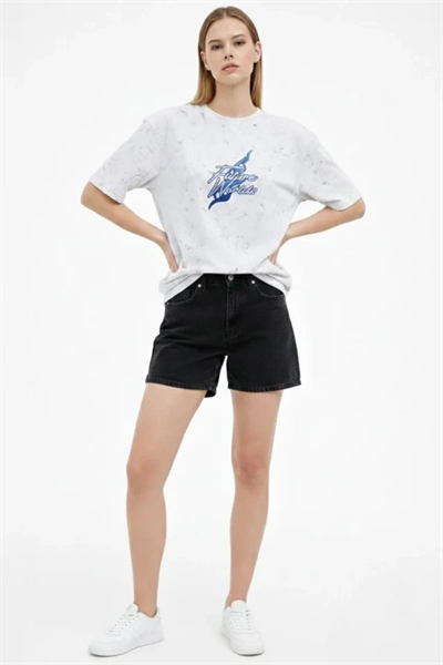 Asit Yıkamalı Oversize Tişört Future Worlds Baskılı Bisiklet Yaka Kısa Kollu Streetwear %100 Pamuk Street Style T-Shirt - Beyaz