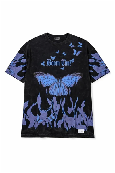 Asit Yıkamalı Oversize Tişört Mavi Kelebek Baskılı Dijital Print Bisiklet Yaka Streetwear T-Shirt - Siyah