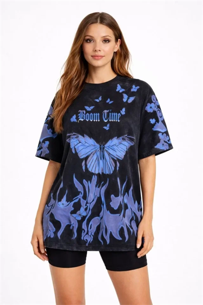 Asit Yıkamalı Oversize Tişört Mavi Kelebek Baskılı Dijital Print Bisiklet Yaka Streetwear T-Shirt - Siyah